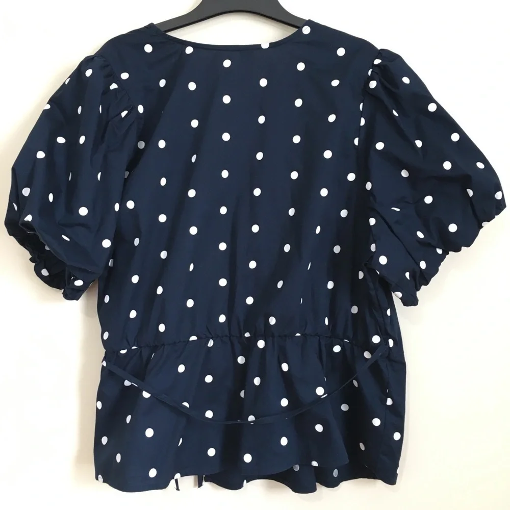 Old Navy Navy White Dots Waist Defined Puff Short Sleeve Tie-Wrap Blouse